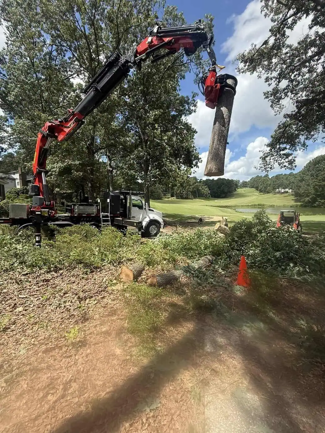 Crane setup for safely handling large tree removals in tight spaces.